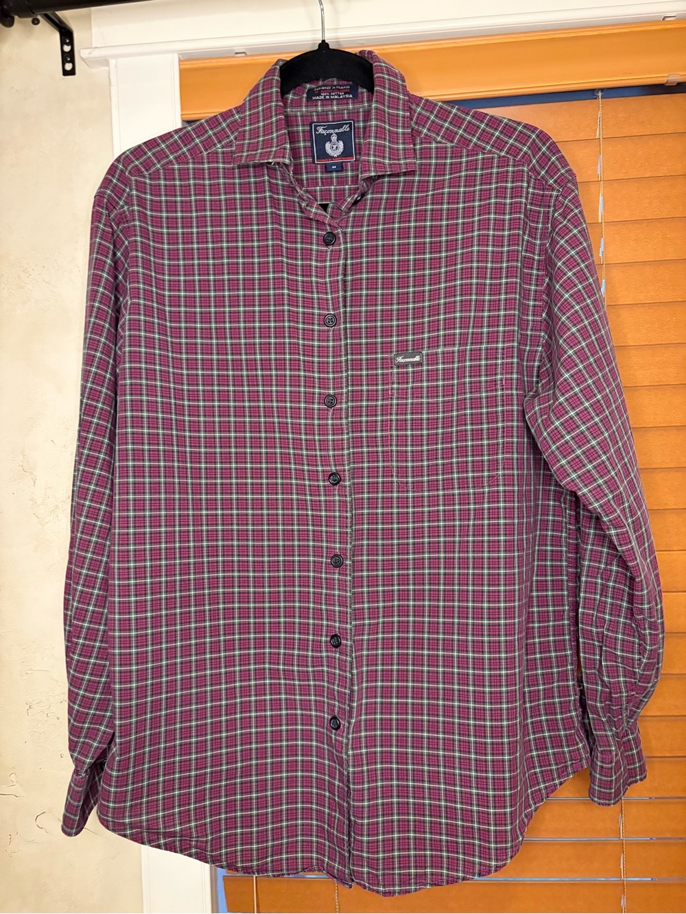 Faconnable Men’s Burgundy and Green Plaid Button-Down Shirt